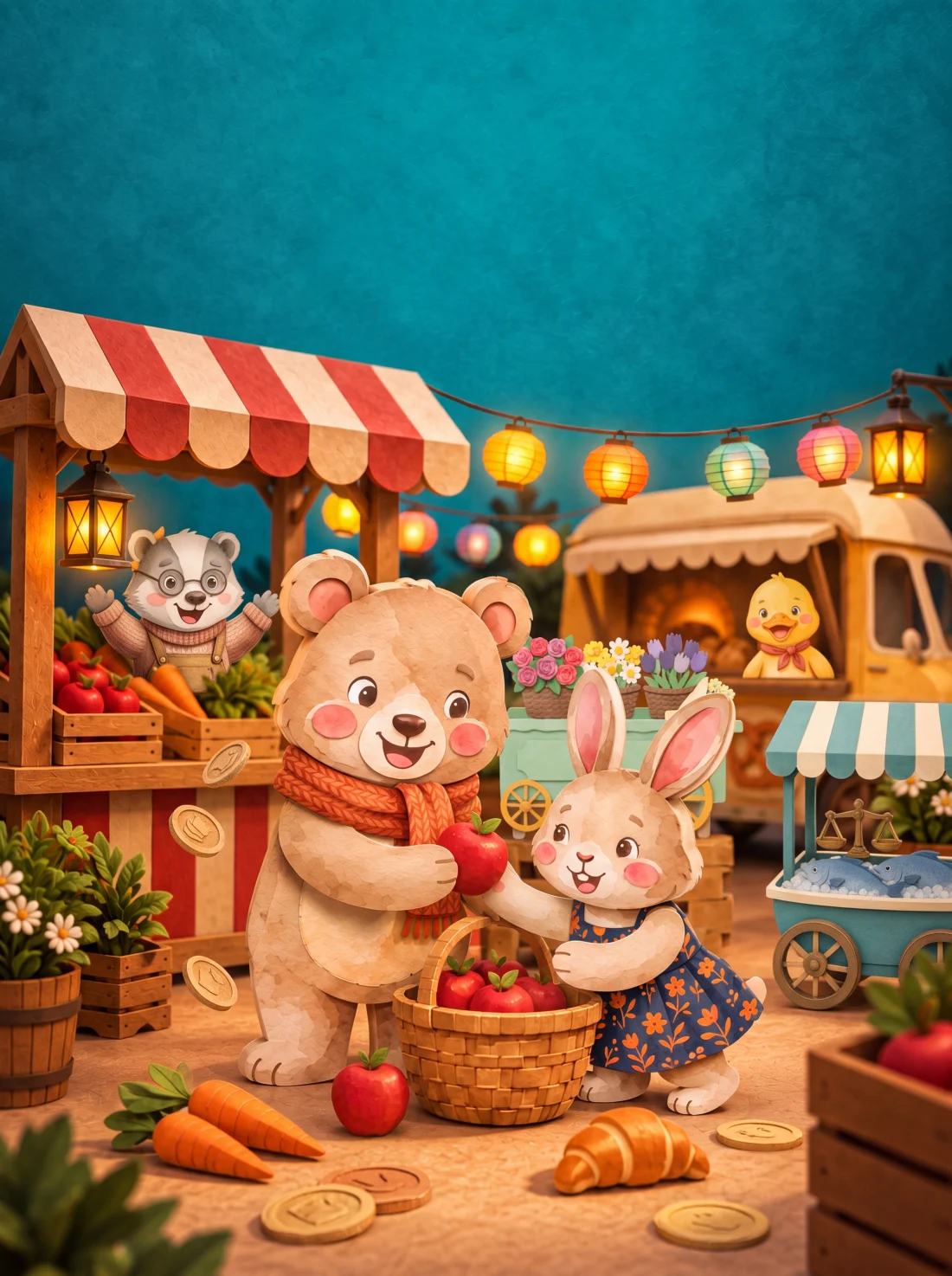 Personaggi di animali di carta e lanterne luminose in un mercato colorato